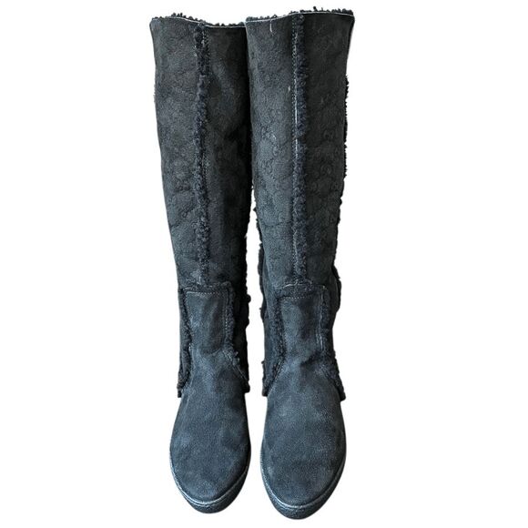 Gucci GG Monogram Web Black Suede Knee High Boots Size 7 Wedge Heel 14" Shaft - Picture 2 of 11